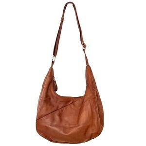 Bruno Rossi Italian Leather Hobo Shoulder Bag Tobacco Brown Silver Hardware